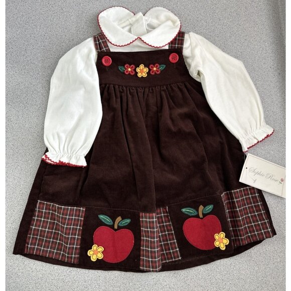 Sophie Rose Brown Corduroy 2PC Overall Dress Girls 18Mo Fall Apple Plaid Floral - Picture 1 of 10